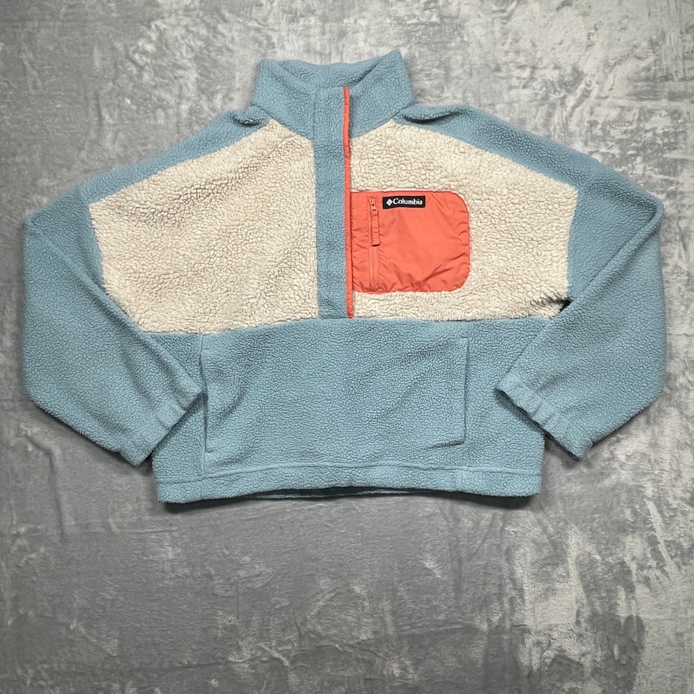 Columbia Fleece Pullover Women XL Blue Helvetia Half Snap Sherpa Colorblock